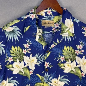Vintage blaues Hawaii Hawaiihemd Herren mittelblau Blumen Baumwolle Strand Urlaub - Bild 1 von 7