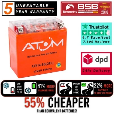 YTX14-BS Atom Gel Motorcycle Battery for Husqvarna Nuda 900 11-14 - Image 1 of 4