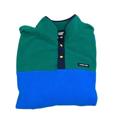 LANDS END Colorblock Pullover Fleece Mens Size XXL Blue Green New Snap  - Image 1 of 4