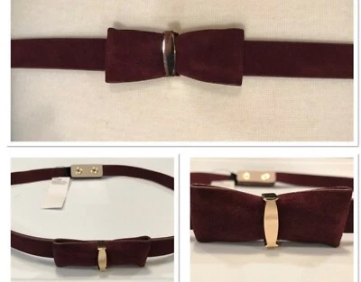 NWT WHITE HOUSE BLACK MARKET 3/4" Leather Stretch Belt Sz M-L Bow Burgundy/Gold  - Image 1 of 4