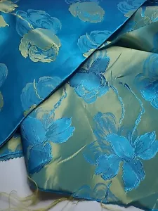 Vintage Teal Blue and Gold Metallic Floral Print Medium Wt. Over 1 Yard - Picture 1 of 11