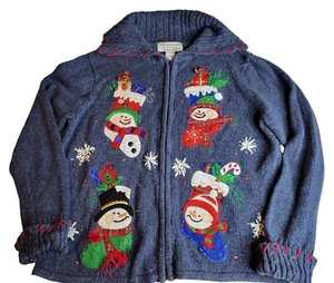 Tiara International Weihnachten Reißverschluss Pullover Schneemänner blau Perlen L Large - Bild 1 von 2