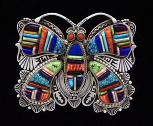 Multi-Color Raised Cobblestone Inlay Butterfly Belt Buckle With Silver Overlay - Picture 1 of 3