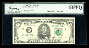 DBR 1981-A $5 FRN New York Fr. 1977-B Legacy 64 PPQ Serial B55553088A - Picture 1 of 2