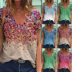 Womens Loose V Neck Short Sleeve T Shirt Summer Floral Print Tops Blouse Tee US - Picture 1 of 27