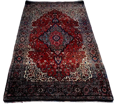 Antique Farahan Sarook  Rug 4'x7' C. 1910 Dense Wool Pile, Brick Aqua Ivory Blue - Image 1 of 4