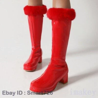 Women Winter Warm Sweet Side Zip Round Toe Mid Heel Platform Boots Oversize Date - Image 1 of 4