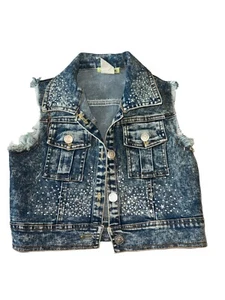 Little Mass Girls Acid Wash Studded Rhinestone Distressed Denim Vest 6 - Picture 1 of 4