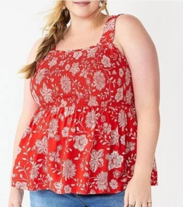NWT Sonoma Womens 3XL Plus Tank Top Sleeveless Blouse Flutter Smocked Red Floral - Picture 1 of 5