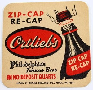Vintage 1950s Ortlieb’s Zip-Cap Re-Cap Beer Coaster – Philadelphia Brewery - Picture 1 of 3