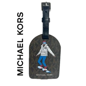 MICHAEL KORS ETICHETTA BAGAGLIO STAMPA SNOWBOARD PELLE MARRONE MK ALL OVER RARA - Foto 1 di 11