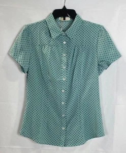 Belle Poque Womens Blue Polka Dot Short Sleeve Button Up Blouse Size Medium NWT - Picture 1 of 5