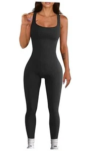 Women Workout Seamless Jumpsuit Yoga Ribbed Bodycon One Piece Small 01black - Picture 1 of 6