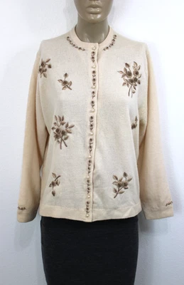Vintage 60s Floral Embroidered Mod Flower Ivory Wool Cardigan Sweater SF 44 - Image 1 of 4