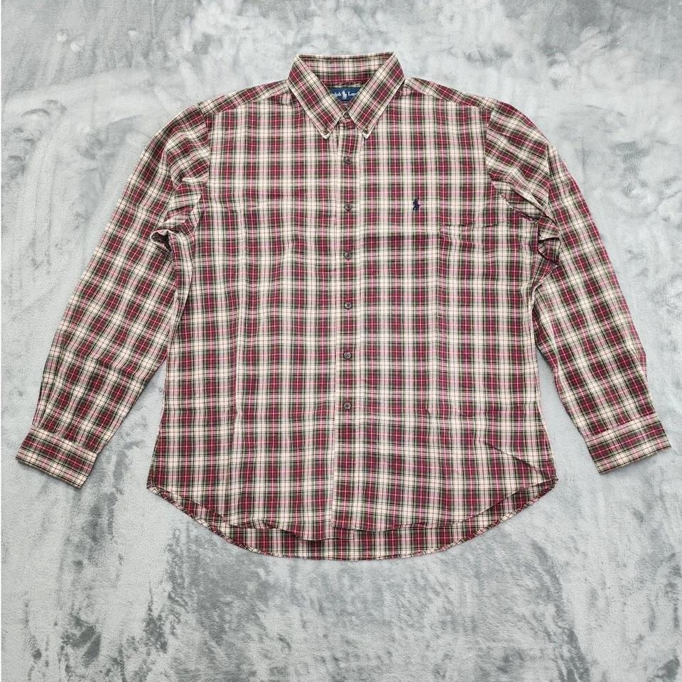 Camisa masculina vintage Ralph Lauren xadrez verde vermelha XL ajuste personalizado manga longa preppy - Imagem 1 de 4
