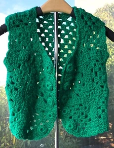 Vintage Handmade Crocheted VEST for Girl- Green - Boho Hippie - FAST SHIP - Picture 1 of 2