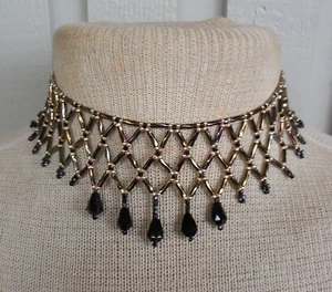 Netted Weave Adjustable Beaded Choker Necklace w Drop Beads Bronze Gold Black - Picture 1 of 8