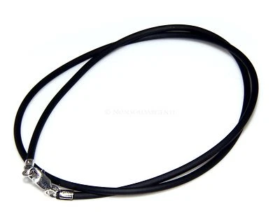 collana laccio nero caucciu 2mm argento 925 su chiusura per ciondoli uomo donna - Immagine 1 di 3