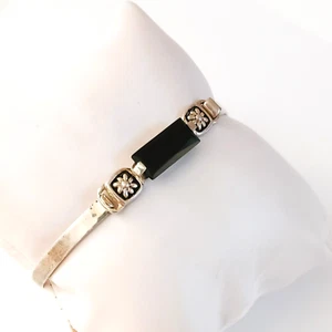JEC Sterling Silver Tension Bangle 7" Black Beveled Rectangle Stone 925 Bracelet - Picture 1 of 8