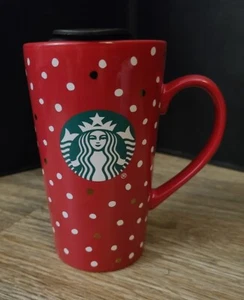 STARBUCKS Ceramic Tumbler 14oz Red White Gold Polka Dot Holiday Replacement Lid - Picture 1 of 10