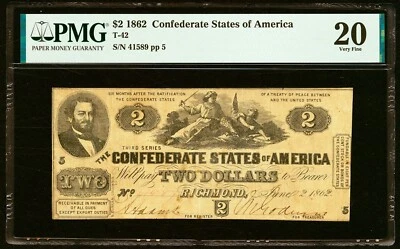 1862 $2 Confederate States of America T-42 - PMG 20 - LOOKS BETTER! - Image 1 of 2