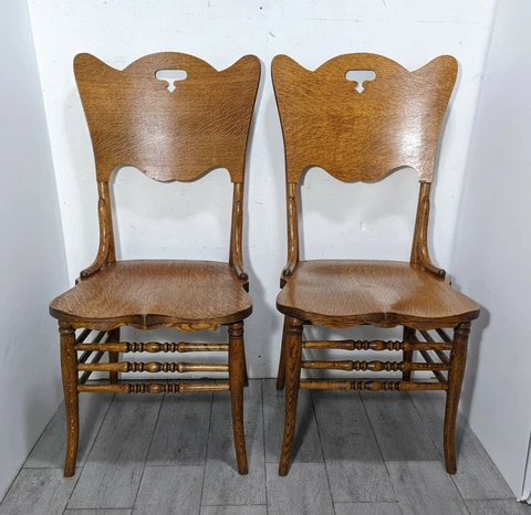 Antique Pair of Rustic Farmhouse Tiger Oak Bentwood Chairs Country Press Back Cover