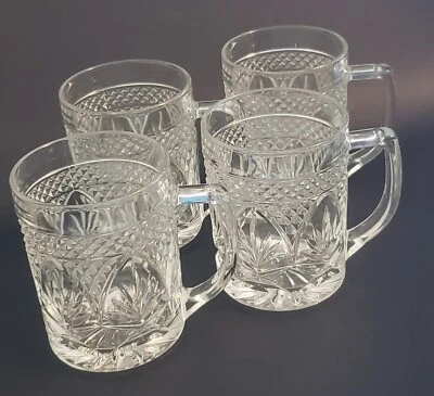 4 Vintage Crystal Glass Mugs Cups Diamond Cut Pattern Starburst Bottom USA - Image 1 of 4
