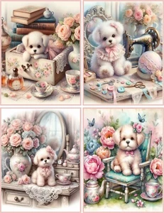 8 Puppy Dog Shabby Chic glossy blank fold out note cards w/envelopes organza bag - Picture 1 of 4