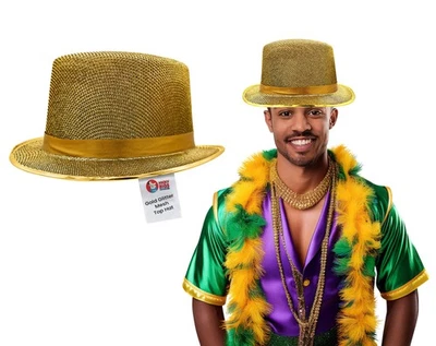 Adult Shiny Yellow Gold Glitter Mesh Top Hat Mardi Gras Party Costume Accessory - Image 1 of 4