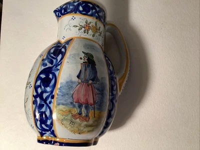 Circa 1900 HB Quimper Faience Antique Pitcher W/Breton Man Smoking Pipe - Image 1 of 4