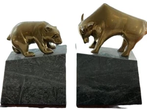 VTG Green Marble/Brass BULL and BEAR Bookends WALL STREET Financial Stock Market - Picture 1 of 9