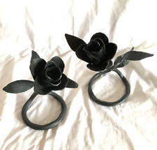 2 Vintage Black Wrought Iron Hand Forged Roses 6” 5” Freestanding Brutalist