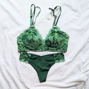 Aerie Wireless Push Up Bra and Thong Panties Set Green Lace 32B Small - Picture 1 of 11