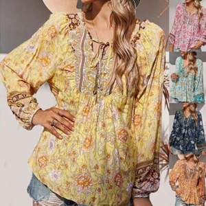 Women's Boho V Neck Floral Blouse Tops Ladies Long Sleeve Loose T Shirt Tee US - Picture 1 of 16