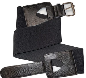BLACK 3” Wide Stretchy Gothic Belt 35-37” Fits Bigger! Black Strap Silver Buckle - Picture 1 of 12