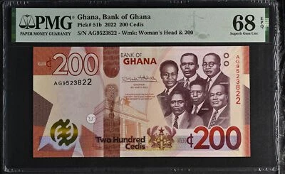 Ghana 200 Cedis 2022 P 51 b Superb Gem UNC PMG 68 EPQ TOP POP - Image 1 of 3