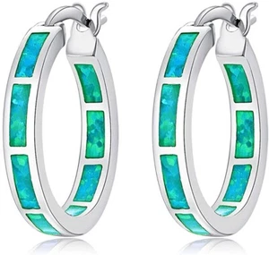 Hawaii Beach 20mm Round Green Fire Opal Earrings Silver Filled For Women Girls - Picture 1 of 11