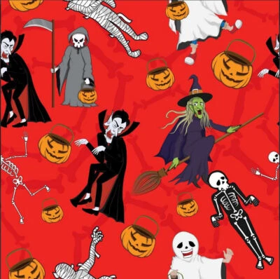 MARSHALL DRY GOODS Halloween Dancing Monsters on Orange 100% Cotton Fabric