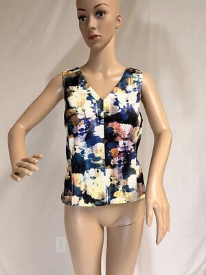 Robert Rodriguez, cuello en V, top para mujer, azul, sin mangas, estampado floral, talla S Foto 1 de 4