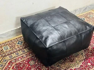 Ottoman 30'' Handcrafted Black Relaxing Leather Moroccan Footstool Unstuffed - Picture 1 of 7