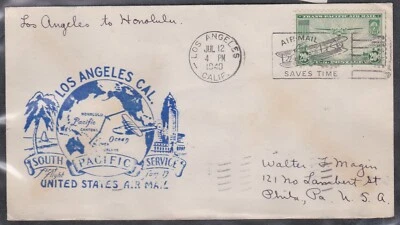 USA 1940 FIRST FLIGHT COVER LOS ANGELES TO HONOLULU HI FAM 19 - Image 1 of 2