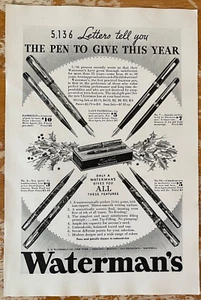 1934 Waterman's Pens Christmas Gifts Vintage Print Ad - Ephemera Full Page B&W - Picture 1 of 1