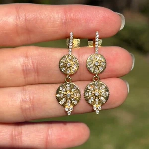 Vintage 14KT Yellow Gold Diamond Disc Circles Dangle Drop Earrings - Picture 1 of 8