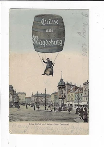 1906 Deutscher Heißluftballon Bierfass Grusse aus Magdeburg fliegende Postkarte p2074 - Bild 1 von 2