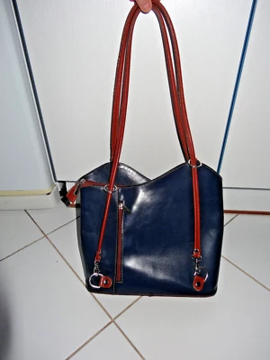 Sac en Cuir bleu marine marron Made in Italy Genuine Leather Vintage Florence - Photo 1/4