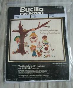 Vintage Bucilla "God Loves Them All" Embroidery Kit Sampler 20" x 24" No. 48556 - Picture 1 of 2