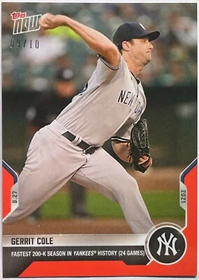 GERRIT COLE FASTEST 200-K SEASON IN NYY HISTORY TOPPS NOW RED PARALLEL CARD #722 - Image 1 of 2