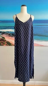 MINK PINK ink blue polka dot button split knee length dress size L - Picture 1 of 9