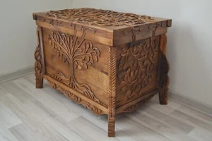 Tree of Life Wooden Chest, Walnut Wood Hand Carved Trunk Coffee Table Hope Chest - Picture 1 of 13