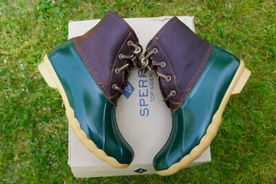Sperry Top Sider Saltwater Leather Duck Rain Boots Zip Tan Green Women Size New - Image 1 of 4